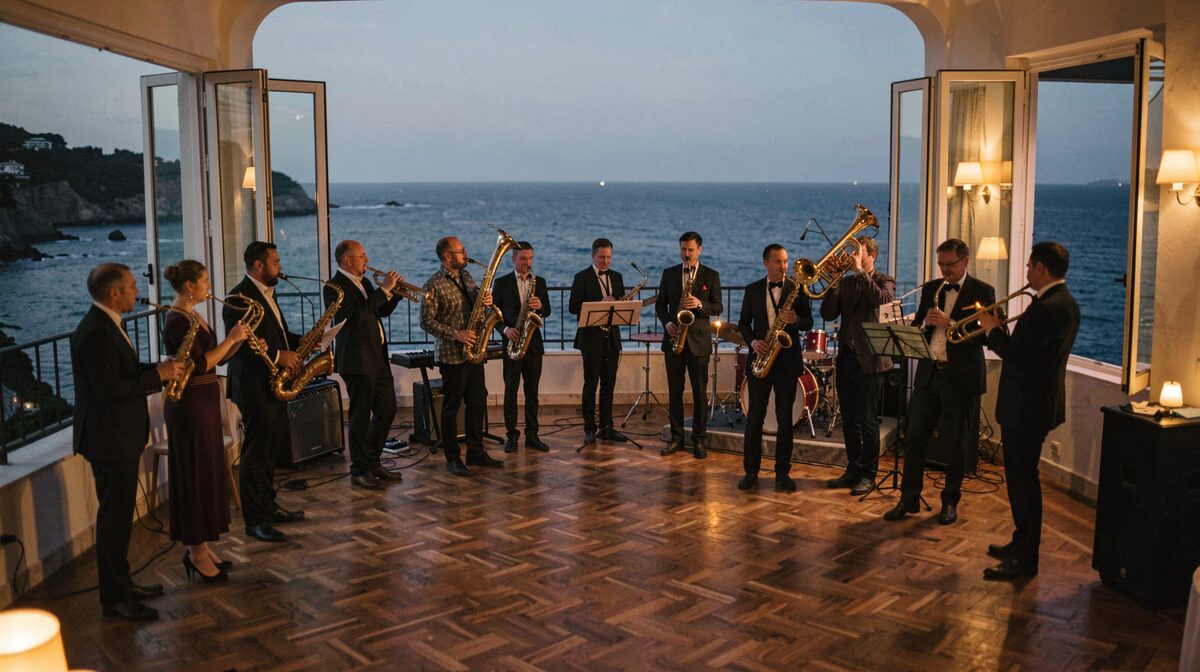 A big band on a low seaside terrace at dusk, brass section at the rail, open windows showing dark water, warm lamps on the parquet dance floor.
