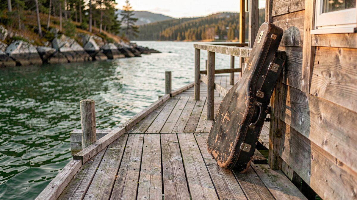 Weathered boardwalk over green water in an Alaskan cove at golden hour, a trombone case resting against a stilt-house railing, camera at deck level.