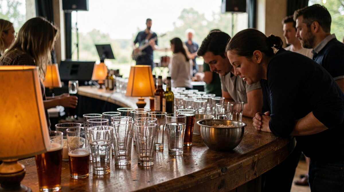 A wooden counter at a small hall lined with pint glasses and a punch bowl, warm amber lamps, guests in half-light leaning in with the bandstand blurred behind.