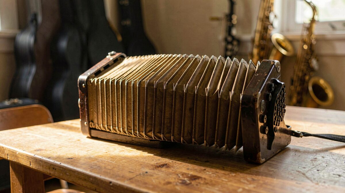 Close view of an accordion's reed bank and bellows folds on a wooden rehearsal-room table, warm side light, shallow depth of field with saxophones in soft focus behind