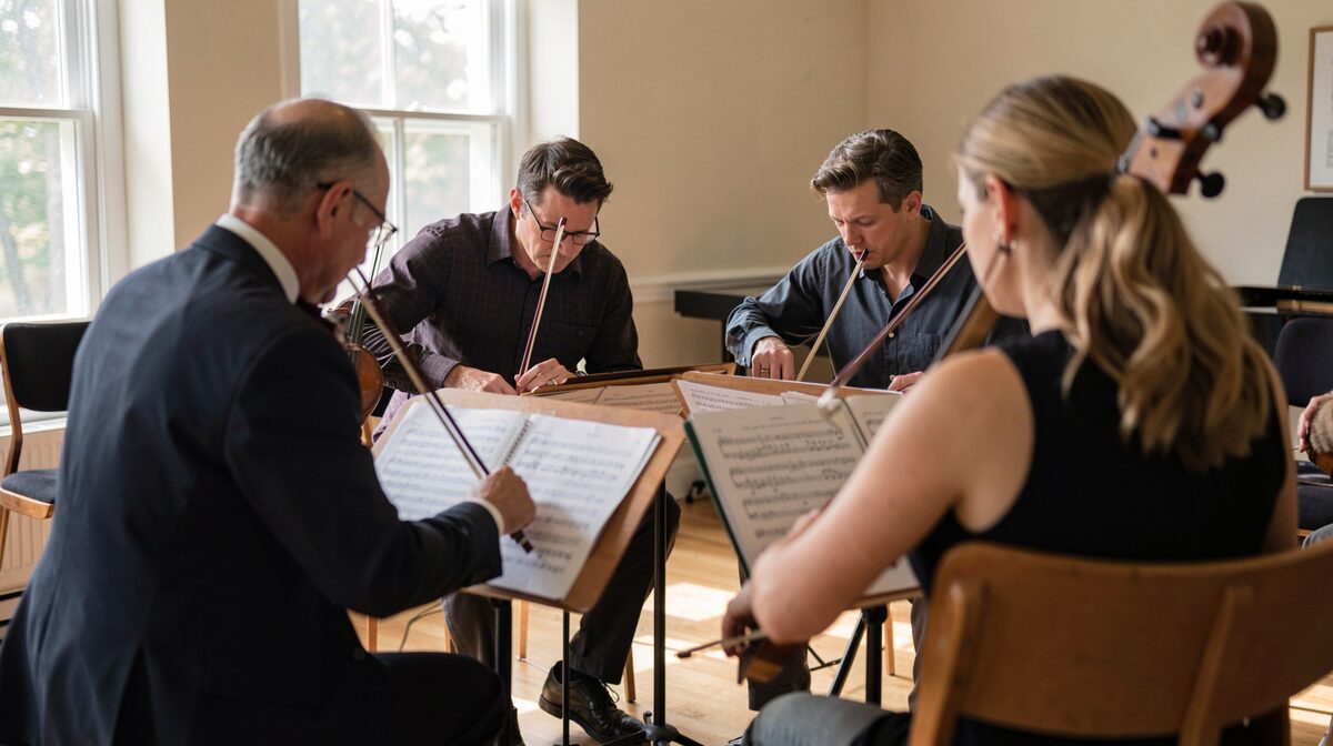 A string quartet coaching session in a sunlit Oberlin rehearsal room, four players leaning over shared scores, bows caught mid-phrase in afternoon light, framed from behind the cello.